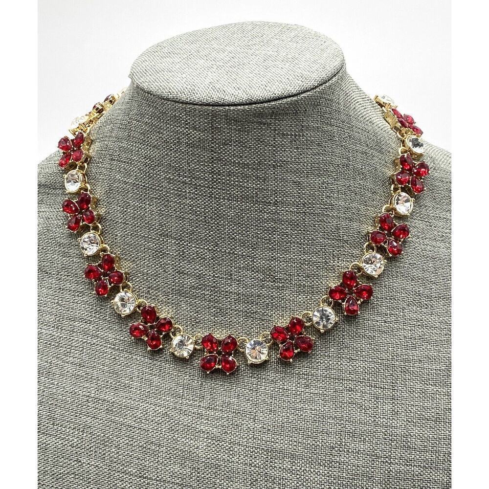 Dana Buchman Necklace Rhinestone Red Clear Gold Tone 17”+3” Size: 17”+3”